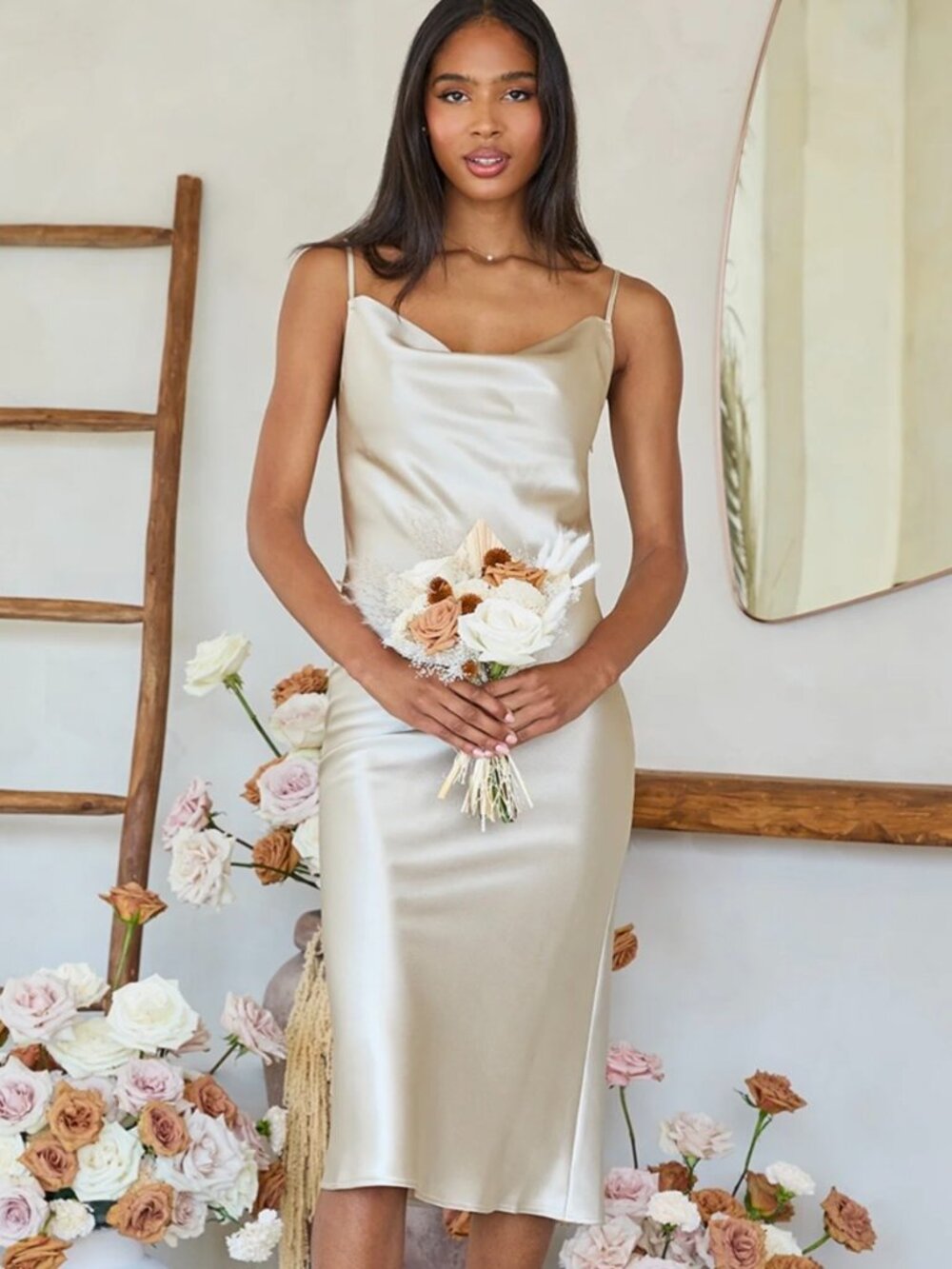 Birdy Grey Women's Lisa Shiny Satin Midi Dress Neutral Champagne Size S